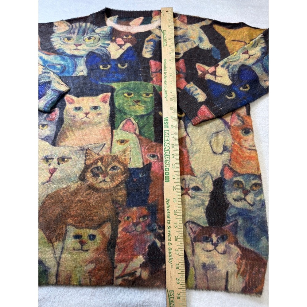 YESNO Whimsical Cat Print Knit Sweater Women All Over Kitten Graphic Soft L - Picture 6 of 10